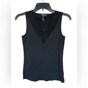 Ralph Lauren Lace V-neck Black Polka Dot Sleeveless Tank Top Dressy Office XS